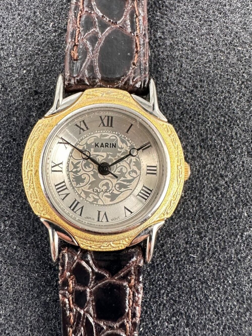 Vintage Karin Watch Women Silver Gold Two Tone Brown Leather Band New Battery 8"